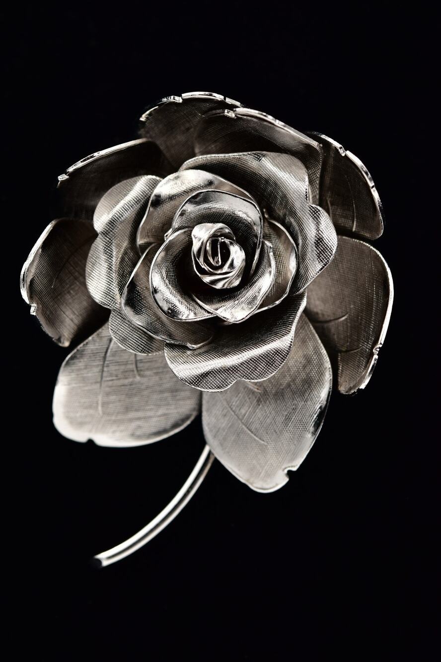 Coro Vintage Silver 3D Dimensional Rose Flower Brooch Pin Signed 1950s BinAT